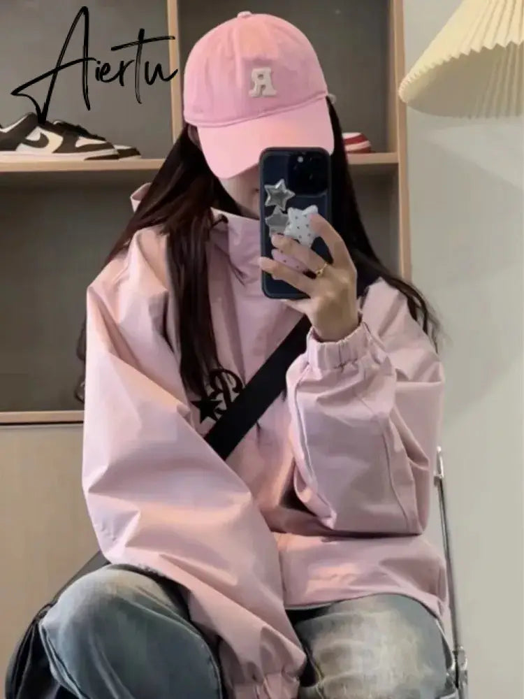 Aiertu Korean Style Gorpcore Pink Track Jackets Women Hippie Y2K Oversize Zipper Windbreaker Jacket Harajuku Streetwear Outwear Aiertu