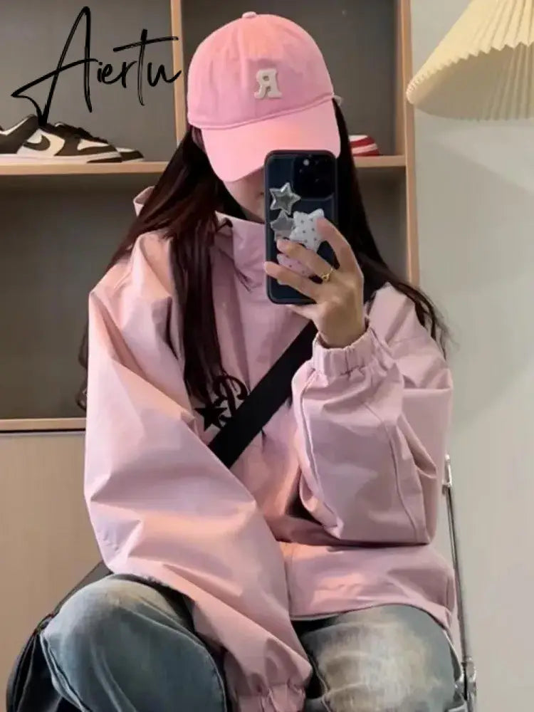 Aiertu Korean Style Gorpcore Pink Track Jackets Women Hippie Y2K Oversize Zipper Windbreaker Jacket Harajuku Streetwear Outwear Aiertu