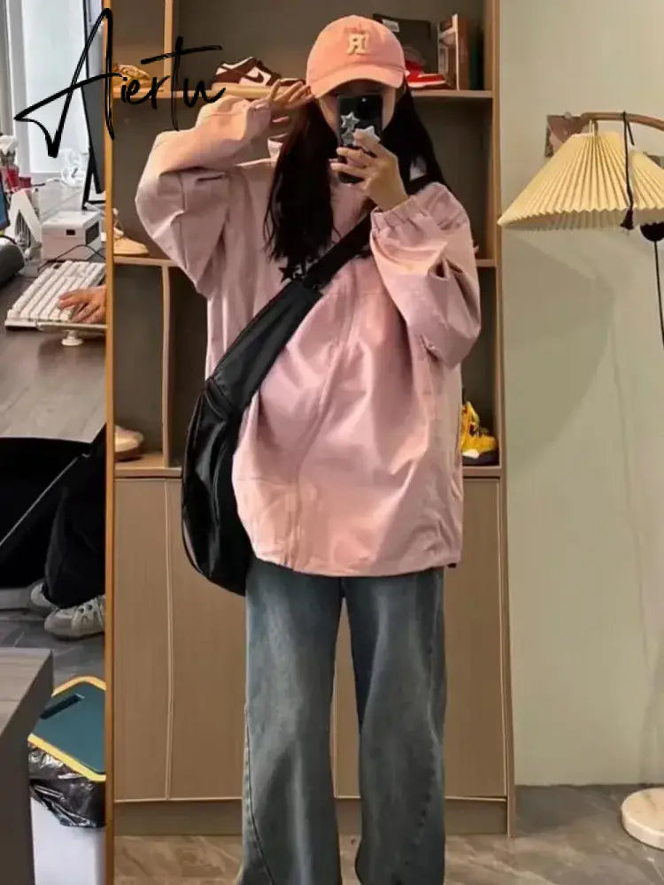 Aiertu Korean Style Gorpcore Pink Track Jackets Women Hippie Y2K Oversize Zipper Windbreaker Jacket Harajuku Streetwear Outwear Aiertu