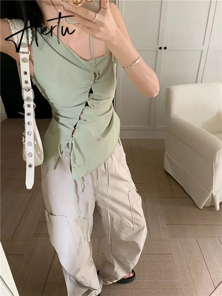 Aiertu Korean Trendy Solid Bandage Off Shoulder Tanks Hollow Out Y2k Aesthetic Irregular Tank Tops Elegant Fashion Sweet Women Camisole Aiertu