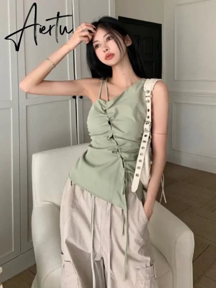 Aiertu Korean Trendy Solid Bandage Off Shoulder Tanks Hollow Out Y2k Aesthetic Irregular Tank Tops Elegant Fashion Sweet Women Camisole Aiertu