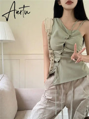 Aiertu Korean Trendy Solid Bandage Off Shoulder Tanks Hollow Out Y2k Aesthetic Irregular Tank Tops Elegant Fashion Sweet Women Camisole Aiertu