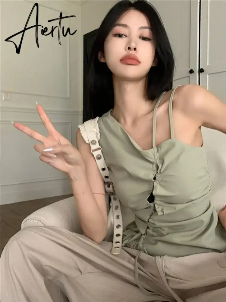 Aiertu Korean Trendy Solid Bandage Off Shoulder Tanks Hollow Out Y2k Aesthetic Irregular Tank Tops Elegant Fashion Sweet Women Camisole Aiertu