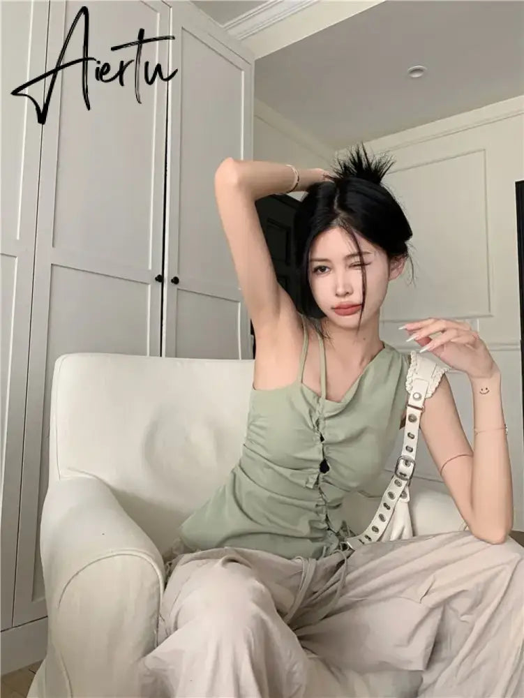 Aiertu Korean Trendy Solid Bandage Off Shoulder Tanks Hollow Out Y2k Aesthetic Irregular Tank Tops Elegant Fashion Sweet Women Camisole Aiertu