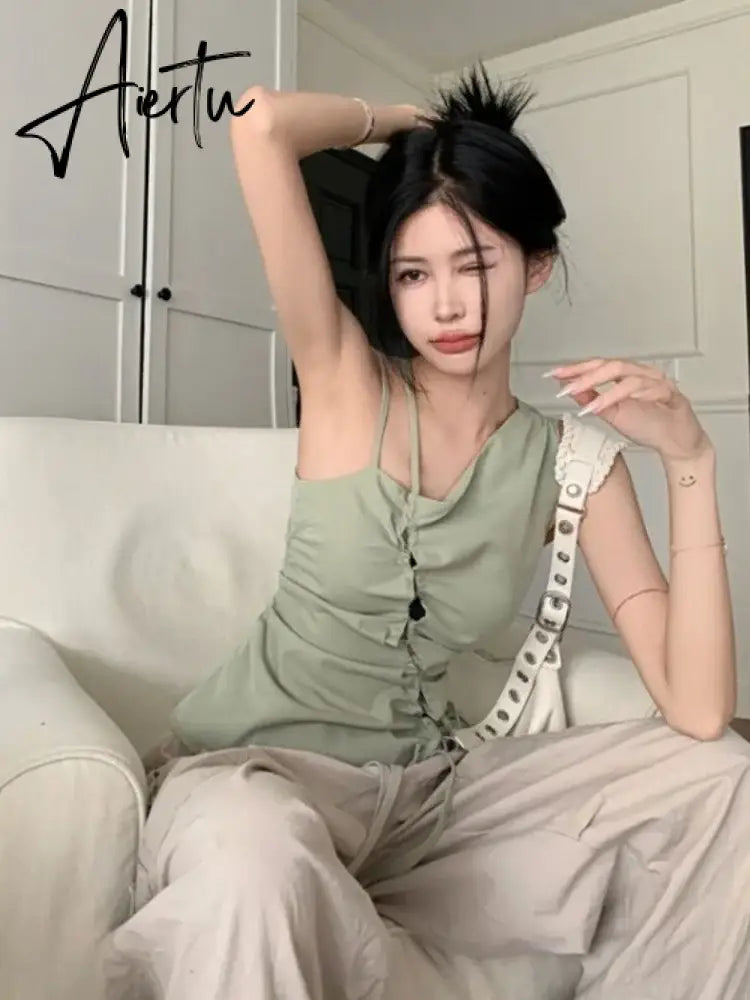 Aiertu Korean Trendy Solid Bandage Off Shoulder Tanks Hollow Out Y2k Aesthetic Irregular Tank Tops Elegant Fashion Sweet Women Camisole Aiertu