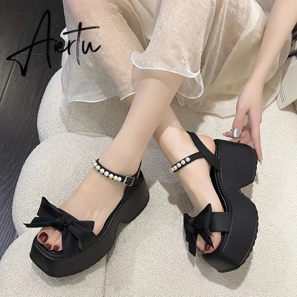 Aiertu Korean Version Bowknot Margarite Thick Bottom Roman Sandals  New Fashion Casual All-match Solid Color Heels Women Summertime Aiertu
