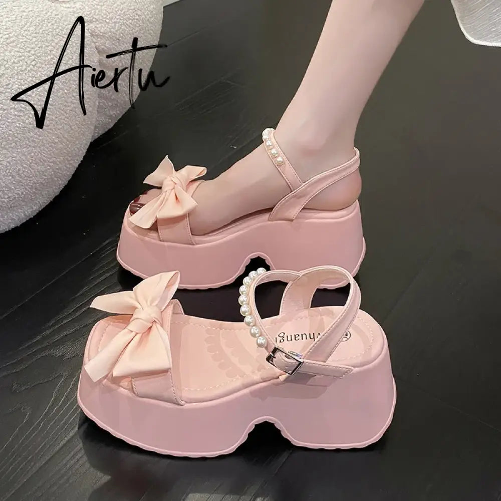 Aiertu Korean Version Bowknot Margarite Thick Bottom Roman Sandals  New Fashion Casual All-match Solid Color Heels Women Summertime Aiertu