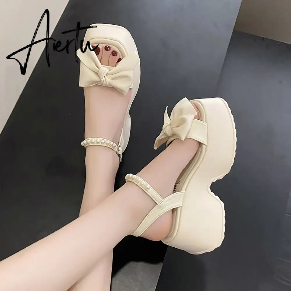 Aiertu Korean Version Bowknot Margarite Thick Bottom Roman Sandals  New Fashion Casual All-match Solid Color Heels Women Summertime Aiertu
