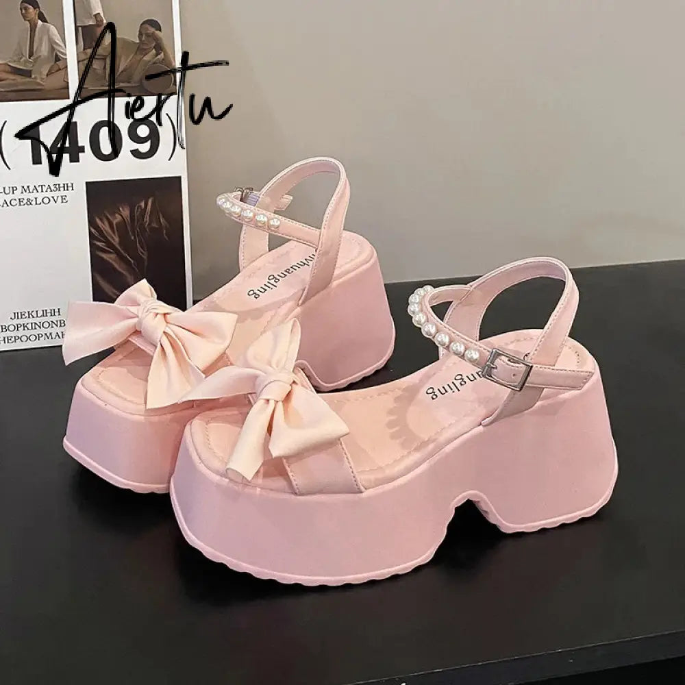 Aiertu Korean Version Bowknot Margarite Thick Bottom Roman Sandals  New Fashion Casual All-match Solid Color Heels Women Summertime Aiertu