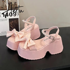 Aiertu Korean Version Bowknot Margarite Thick Bottom Roman Sandals  New Fashion Casual All-match Solid Color Heels Women Summertime Aiertu