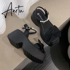 Aiertu Korean Version Bowknot Margarite Thick Bottom Roman Sandals  New Fashion Casual All-match Solid Color Heels Women Summertime Aiertu