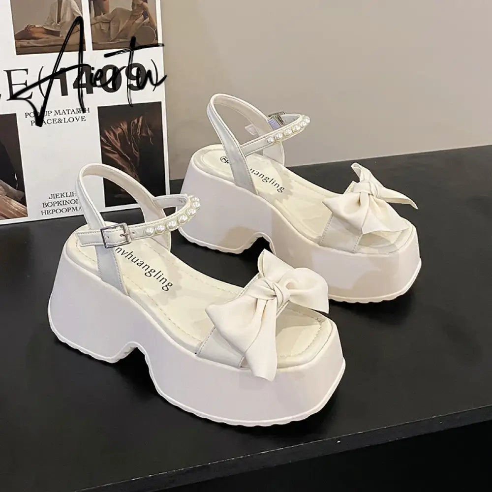 Aiertu Korean Version Bowknot Margarite Thick Bottom Roman Sandals  New Fashion Casual All-match Solid Color Heels Women Summertime Aiertu