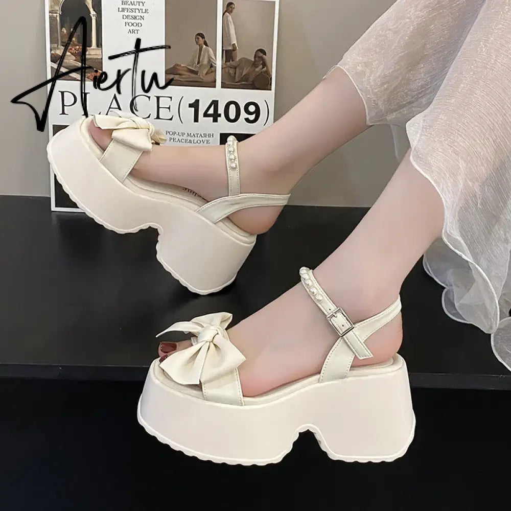 Aiertu Korean Version Bowknot Margarite Thick Bottom Roman Sandals  New Fashion Casual All-match Solid Color Heels Women Summertime Aiertu
