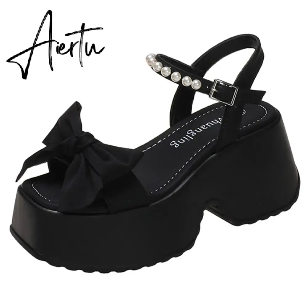 Aiertu Korean Version Bowknot Margarite Thick Bottom Roman Sandals  New Fashion Casual All-match Solid Color Heels Women Summertime Aiertu