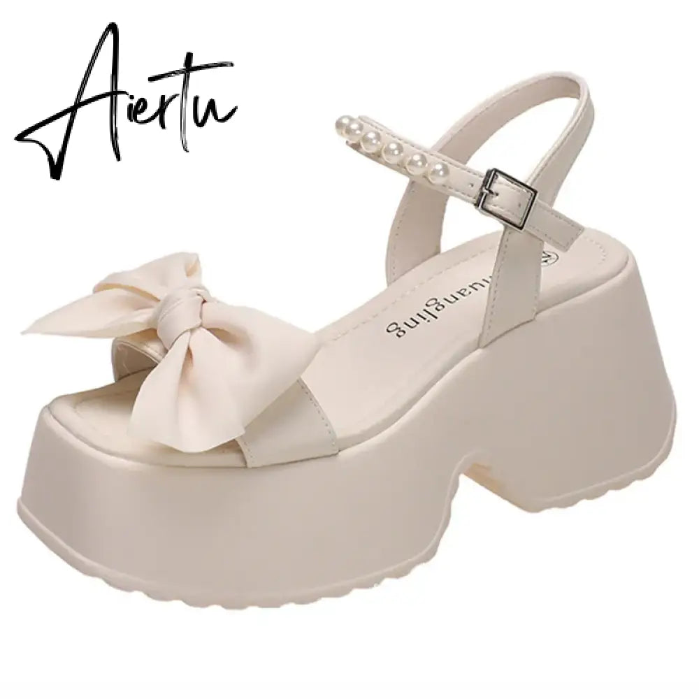 Aiertu Korean Version Bowknot Margarite Thick Bottom Roman Sandals  New Fashion Casual All-match Solid Color Heels Women Summertime Aiertu