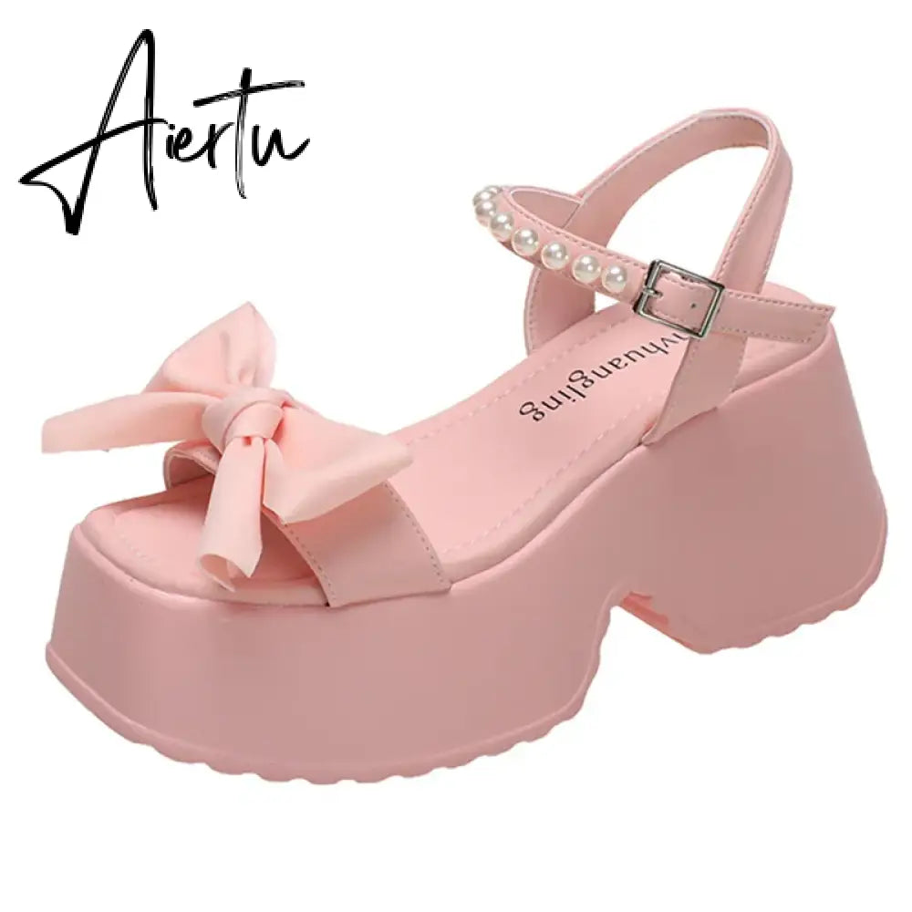 Aiertu Korean Version Bowknot Margarite Thick Bottom Roman Sandals  New Fashion Casual All-match Solid Color Heels Women Summertime Aiertu