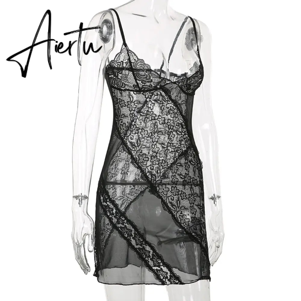 Aiertu Lace Patchwork Sexy Slip Party Dresses For Women Goth Aesthetic Fairycore Rave Outfits Sleeveless V Neck Grunge Dress Aiertu