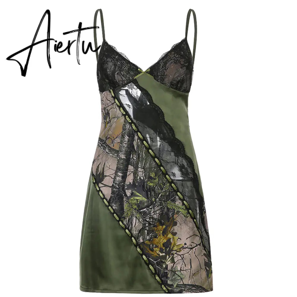 Aiertu Lace Patchwork Sexy Slip Party Dresses For Women Goth Aesthetic Fairycore Rave Outfits Sleeveless V Neck Grunge Dress Aiertu