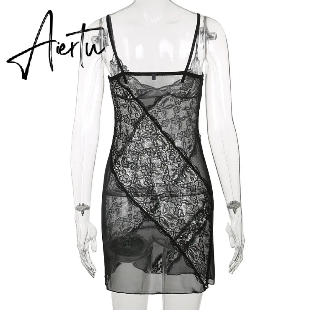 Aiertu Lace Patchwork Sexy Slip Party Dresses For Women Goth Aesthetic Fairycore Rave Outfits Sleeveless V Neck Grunge Dress Aiertu