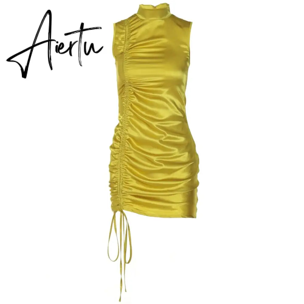 Aiertu Lace Up Drawstring Ruched Sleeveless Satin Mini Dress Summer Solid Bodycon Sexy Streetwear Party Club Elegant Aiertu