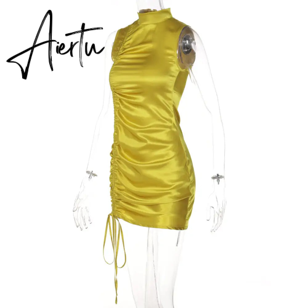 Aiertu Lace Up Drawstring Ruched Sleeveless Satin Mini Dress Summer Solid Bodycon Sexy Streetwear Party Club Elegant Aiertu