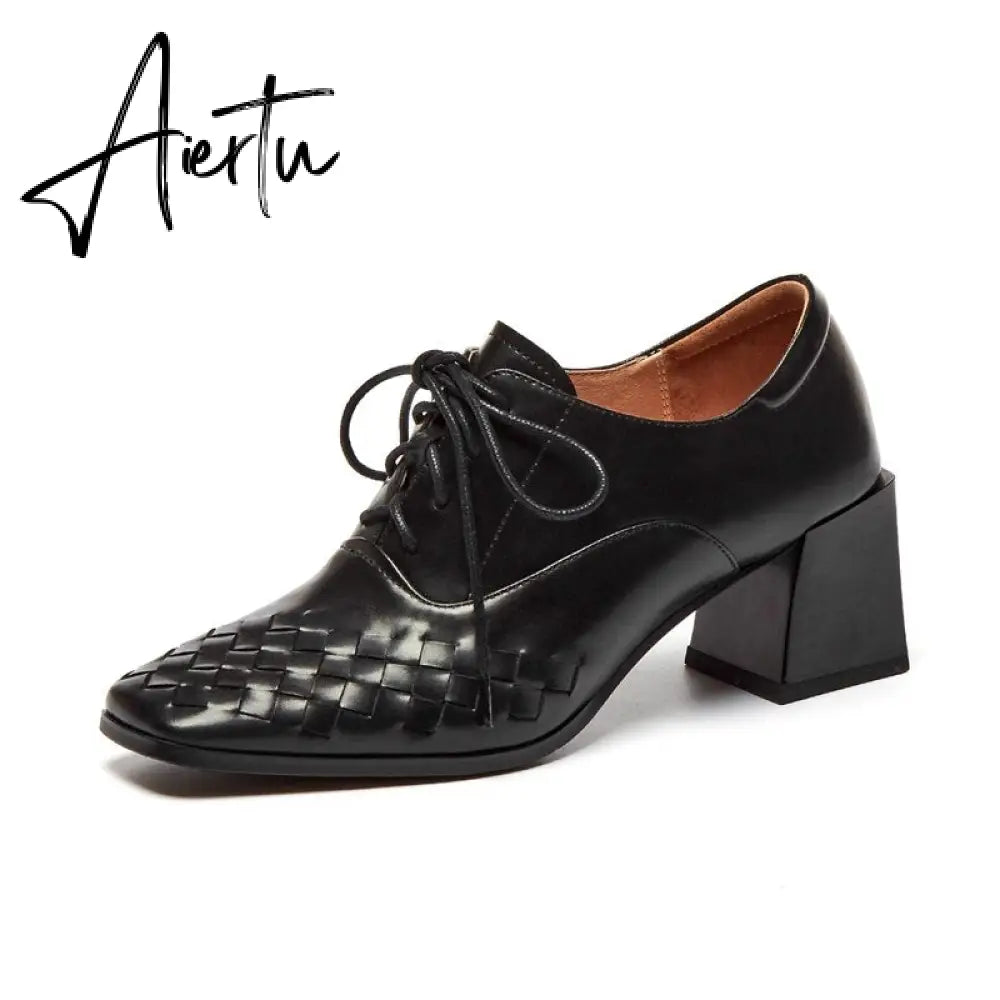 Aiertu  Lace-Up High Heels Thick Pumps Women Square Toe Pumps Cow Leather Shoes Female Fashion Officce Shoes Women Spring New Aiertu