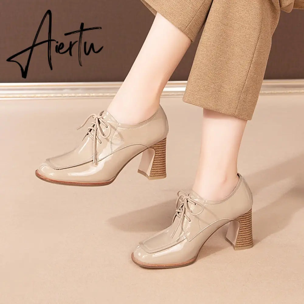 Aiertu  Lace-Up High Heels Thick Pumps Women Square Toe Pumps Cow Leather Shoes Female Fashion Officce Shoes Women Spring New Aiertu