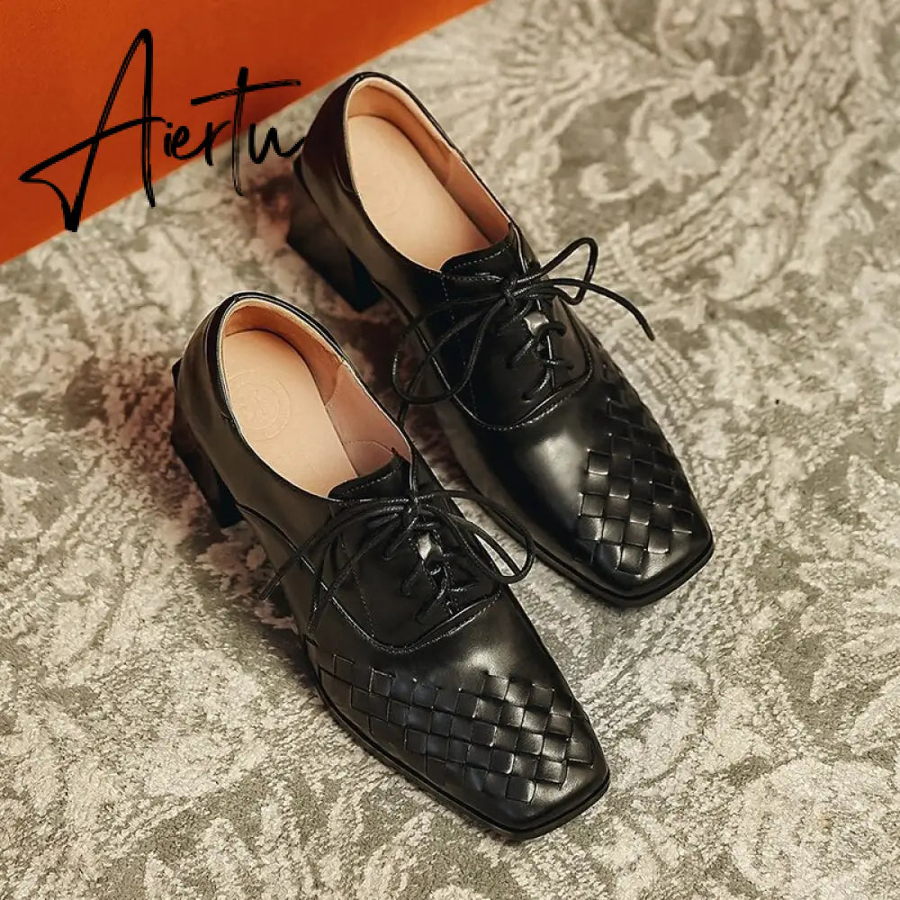 Aiertu  Lace-Up High Heels Thick Pumps Women Square Toe Pumps Cow Leather Shoes Female Fashion Officce Shoes Women Spring New Aiertu