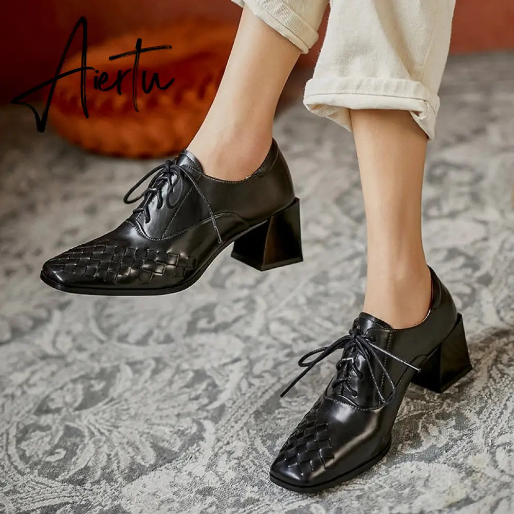 Aiertu  Lace-Up High Heels Thick Pumps Women Square Toe Pumps Cow Leather Shoes Female Fashion Officce Shoes Women Spring New Aiertu