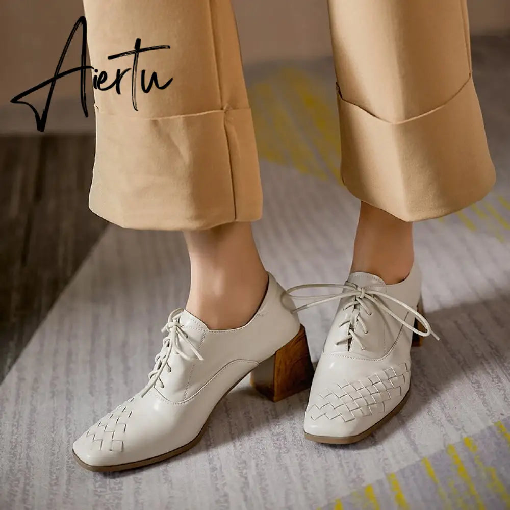 Aiertu  Lace-Up High Heels Thick Pumps Women Square Toe Pumps Cow Leather Shoes Female Fashion Officce Shoes Women Spring New Aiertu
