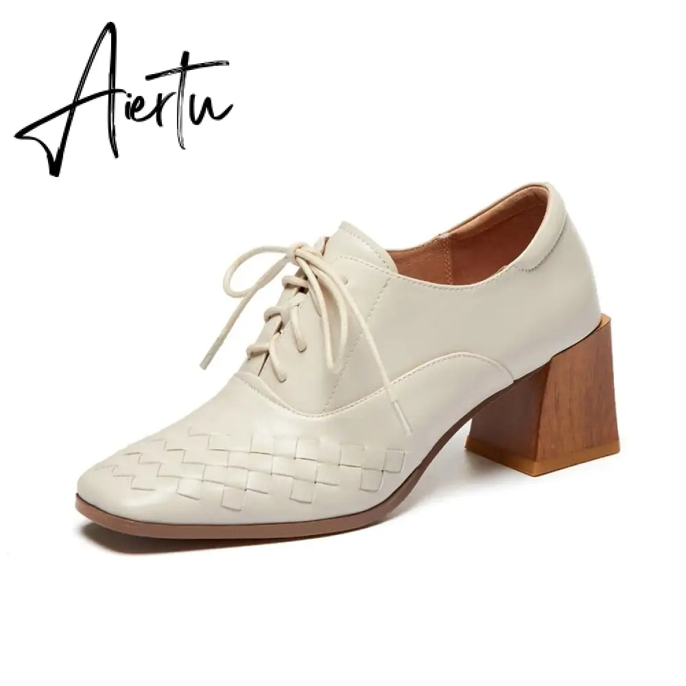 Aiertu  Lace-Up High Heels Thick Pumps Women Square Toe Pumps Cow Leather Shoes Female Fashion Officce Shoes Women Spring New Aiertu