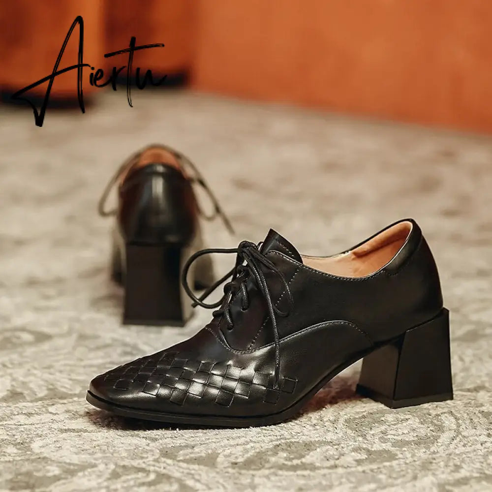 Aiertu  Lace-Up High Heels Thick Pumps Women Square Toe Pumps Cow Leather Shoes Female Fashion Officce Shoes Women Spring New Aiertu
