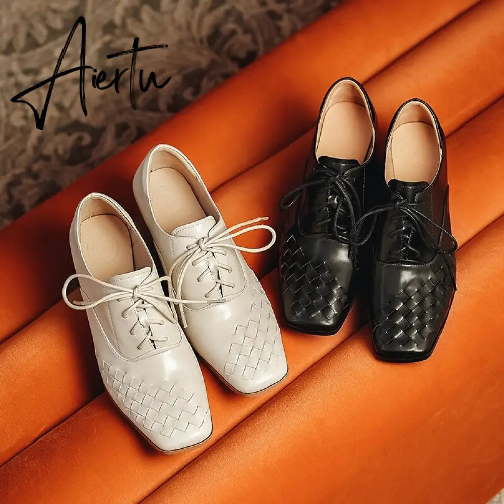 Aiertu  Lace-Up High Heels Thick Pumps Women Square Toe Pumps Cow Leather Shoes Female Fashion Officce Shoes Women Spring New Aiertu