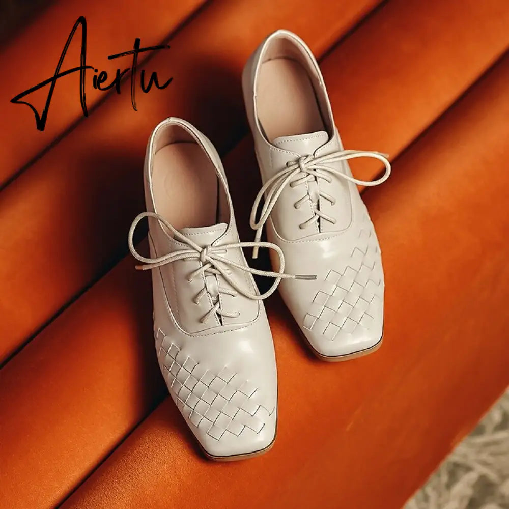 Aiertu  Lace-Up High Heels Thick Pumps Women Square Toe Pumps Cow Leather Shoes Female Fashion Officce Shoes Women Spring New Aiertu