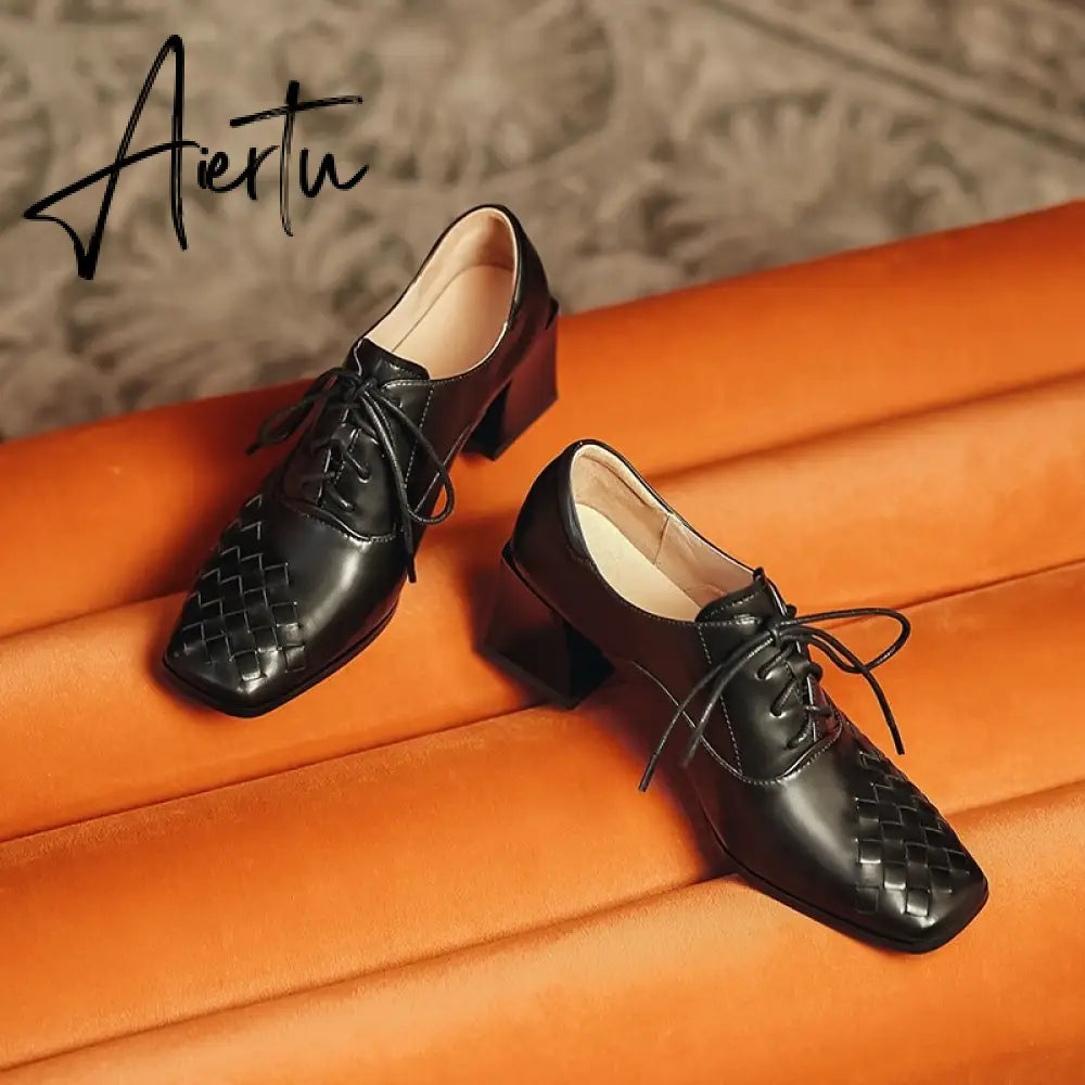 Aiertu  Lace-Up High Heels Thick Pumps Women Square Toe Pumps Cow Leather Shoes Female Fashion Officce Shoes Women Spring New Aiertu