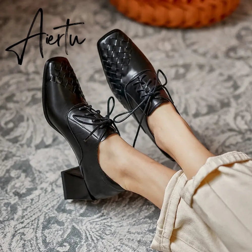 Aiertu  Lace-Up High Heels Thick Pumps Women Square Toe Pumps Cow Leather Shoes Female Fashion Officce Shoes Women Spring New Aiertu
