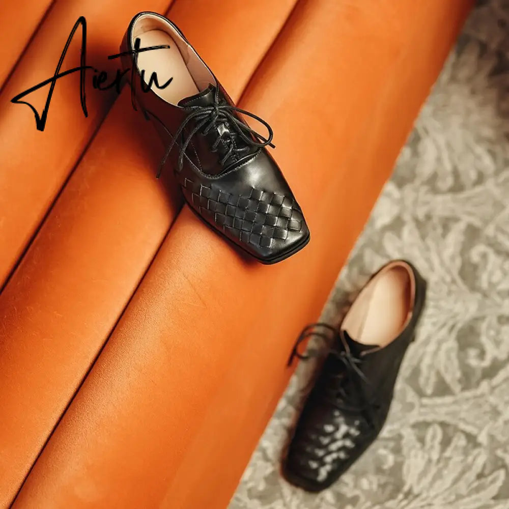 Aiertu  Lace-Up High Heels Thick Pumps Women Square Toe Pumps Cow Leather Shoes Female Fashion Officce Shoes Women Spring New Aiertu