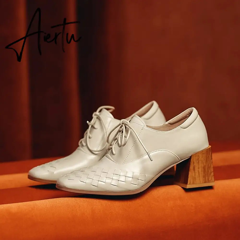 Aiertu  Lace-Up High Heels Thick Pumps Women Square Toe Pumps Cow Leather Shoes Female Fashion Officce Shoes Women Spring New Aiertu