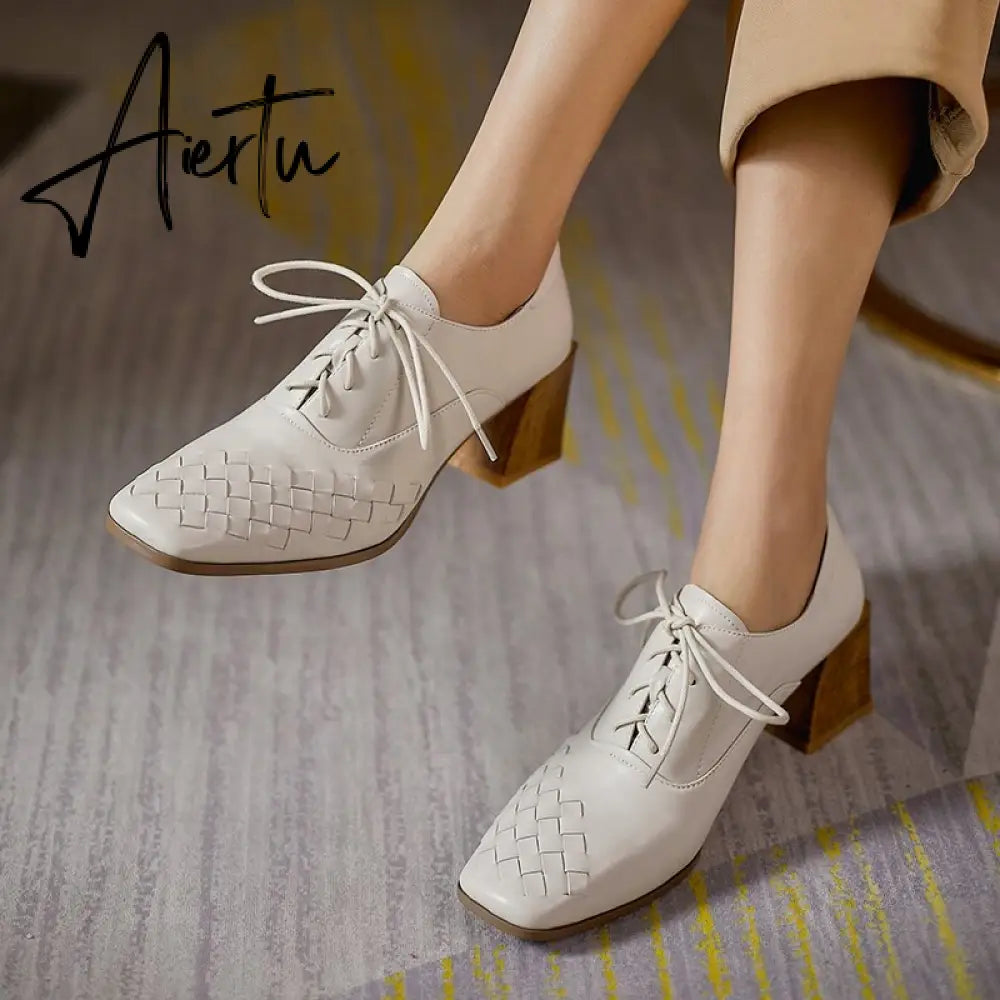 Aiertu  Lace-Up High Heels Thick Pumps Women Square Toe Pumps Cow Leather Shoes Female Fashion Officce Shoes Women Spring New Aiertu