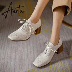 Aiertu  Lace-Up High Heels Thick Pumps Women Square Toe Pumps Cow Leather Shoes Female Fashion Officce Shoes Women Spring New Aiertu