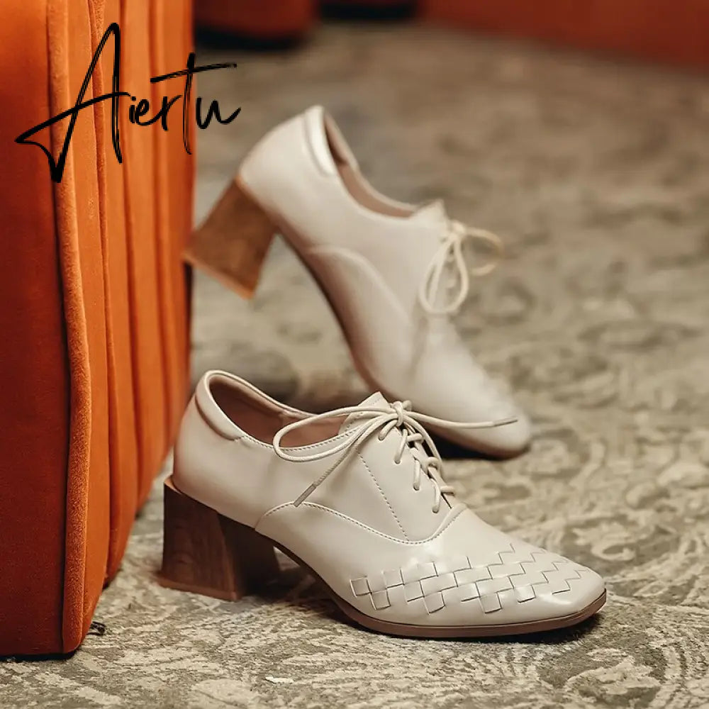 Aiertu  Lace-Up High Heels Thick Pumps Women Square Toe Pumps Cow Leather Shoes Female Fashion Officce Shoes Women Spring New Aiertu