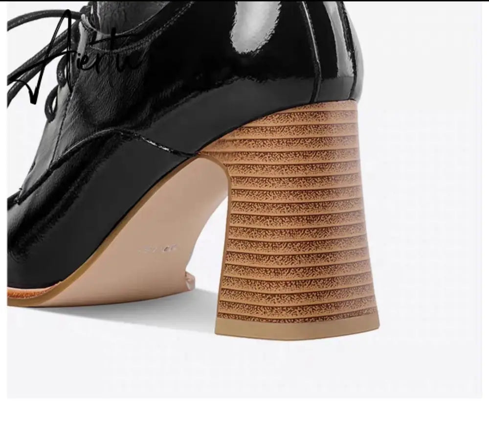 Aiertu  Lace-Up High Heels Thick Pumps Women Square Toe Pumps Cow Leather Shoes Female Fashion Officce Shoes Women Spring New Aiertu