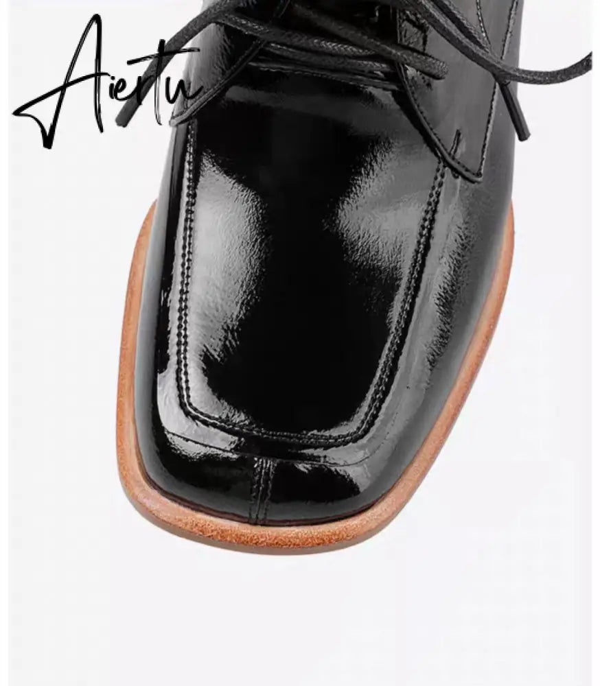 Aiertu  Lace-Up High Heels Thick Pumps Women Square Toe Pumps Cow Leather Shoes Female Fashion Officce Shoes Women Spring New Aiertu