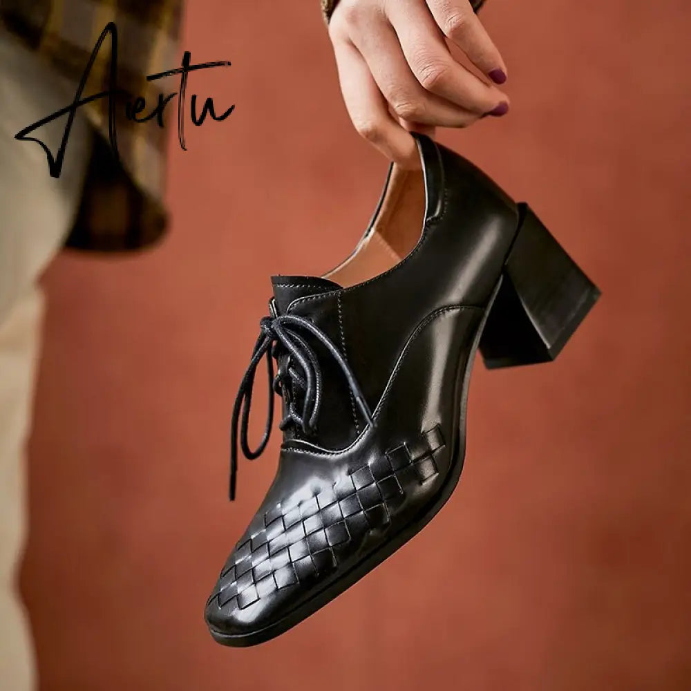 Aiertu  Lace-Up High Heels Thick Pumps Women Square Toe Pumps Cow Leather Shoes Female Fashion Officce Shoes Women Spring New Aiertu
