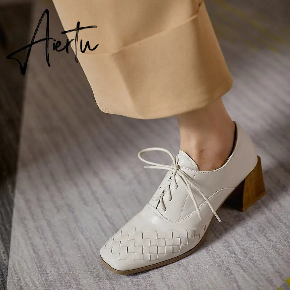 Aiertu  Lace-Up High Heels Thick Pumps Women Square Toe Pumps Cow Leather Shoes Female Fashion Officce Shoes Women Spring New Aiertu