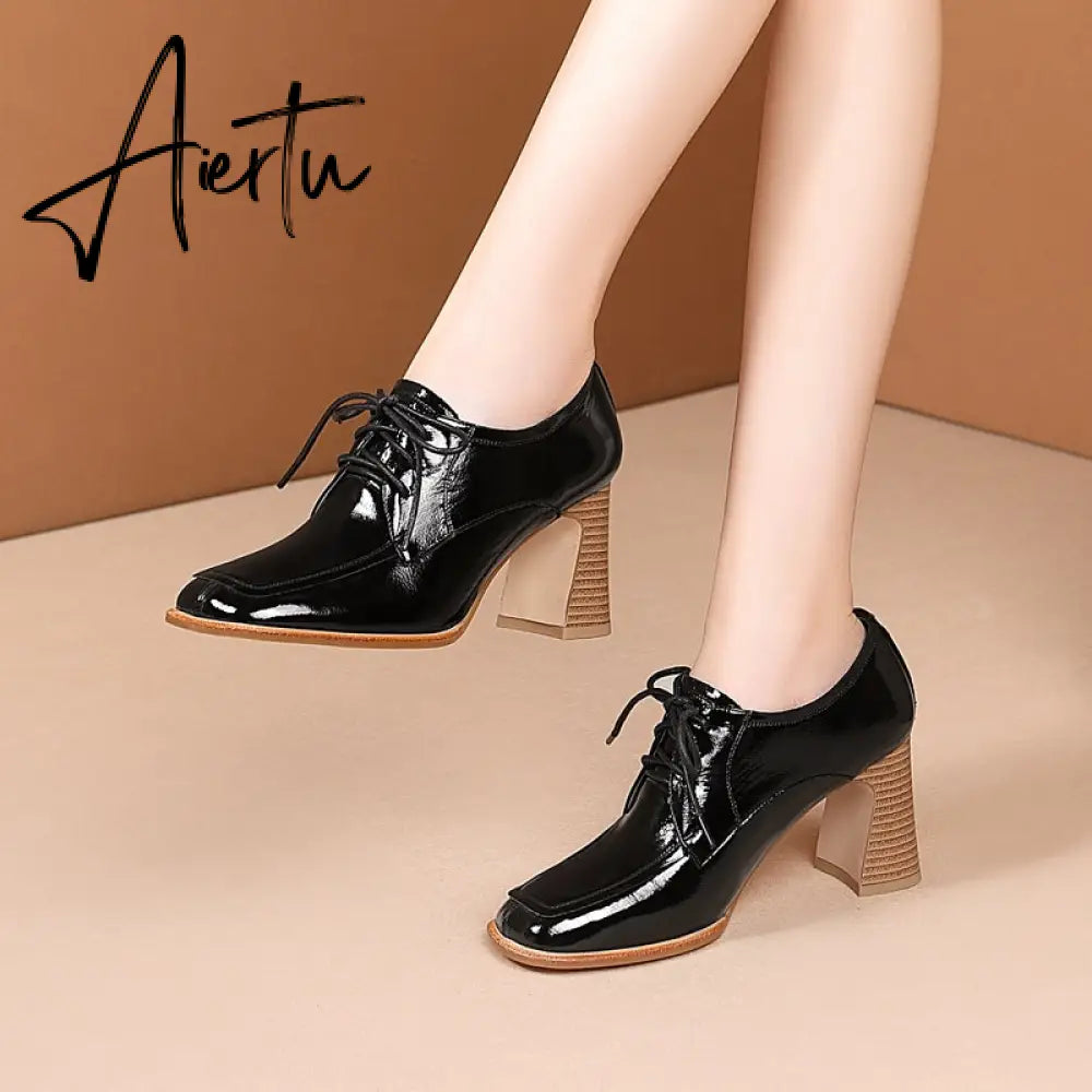 Aiertu  Lace-Up High Heels Thick Pumps Women Square Toe Pumps Cow Leather Shoes Female Fashion Officce Shoes Women Spring New Aiertu