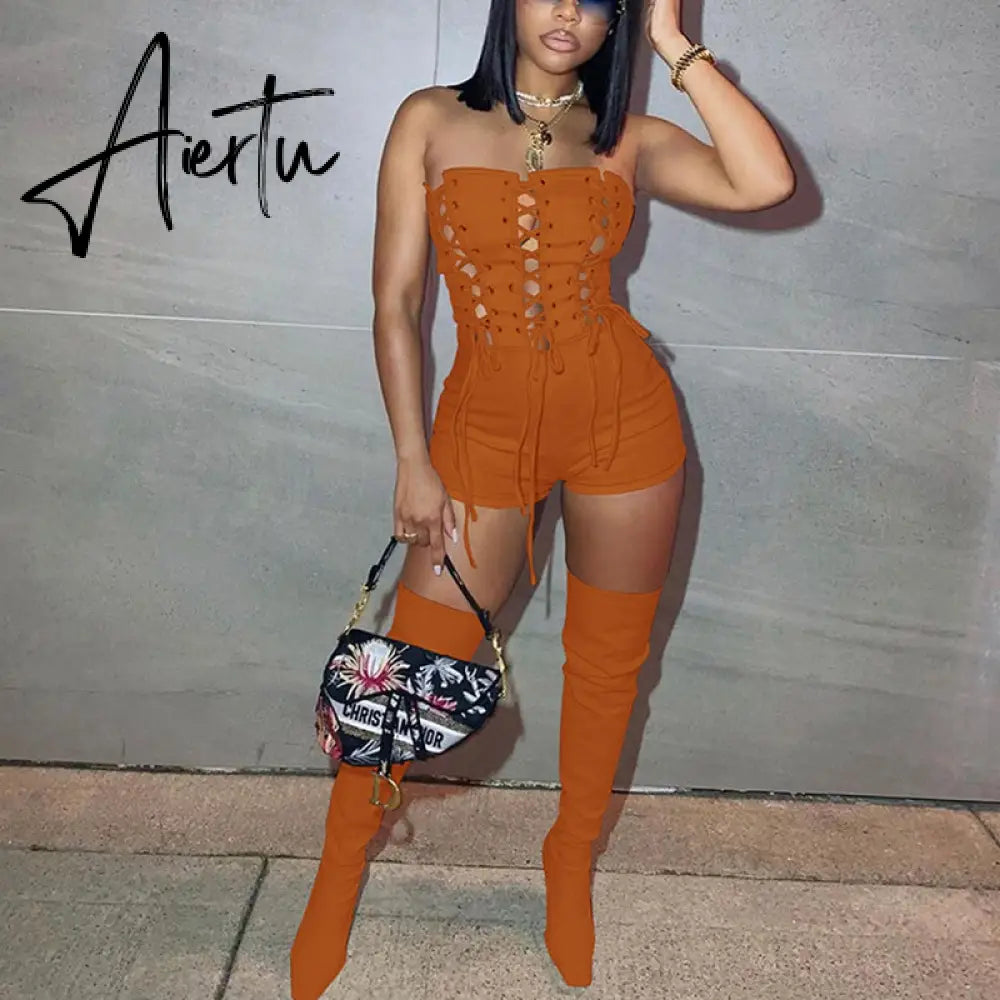 Aiertu Lace Up Sexy Jumpsuit Women Club Outfits Elegant Romper Shorts Jumpsuit Bodycon Playsuit One Piece Summer Overalls for Women Aiertu