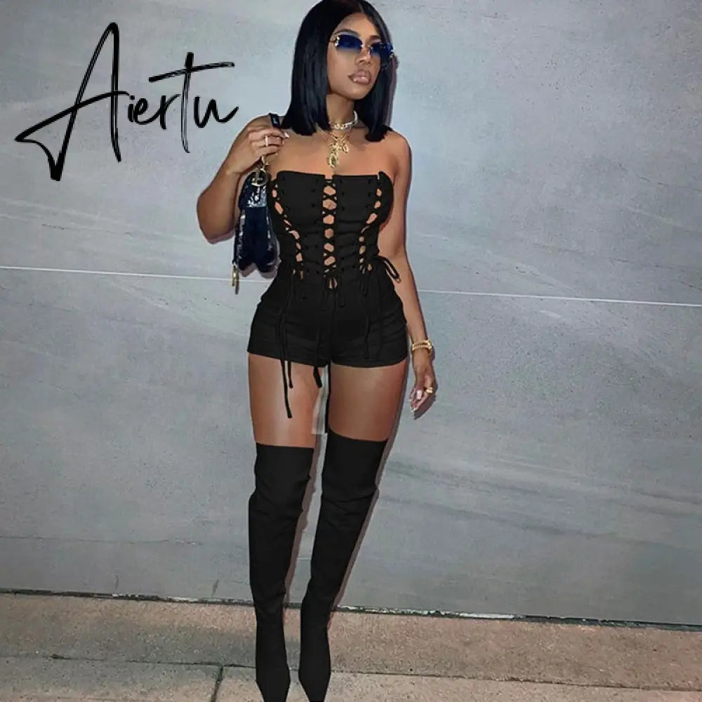 Aiertu Lace Up Sexy Jumpsuit Women Club Outfits Elegant Romper Shorts Jumpsuit Bodycon Playsuit One Piece Summer Overalls for Women Aiertu