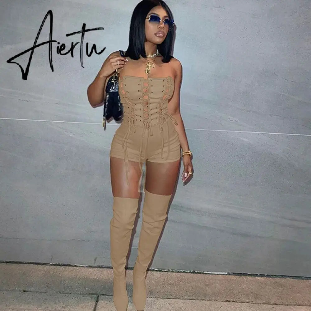 Aiertu Lace Up Sexy Jumpsuit Women Club Outfits Elegant Romper Shorts Jumpsuit Bodycon Playsuit One Piece Summer Overalls for Women Aiertu