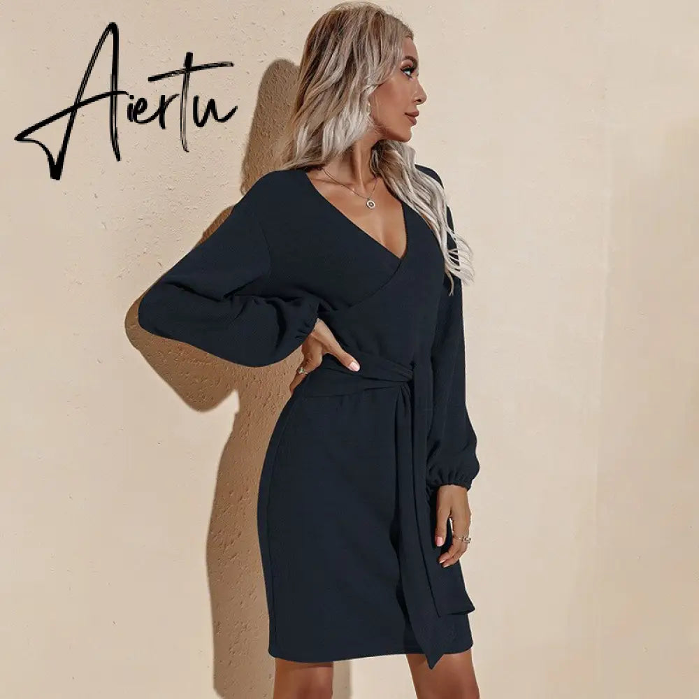 Aiertu Ladies Dress Party Solid Color Fall Dress With Waistband Long Sleeve V-neck Aiertu